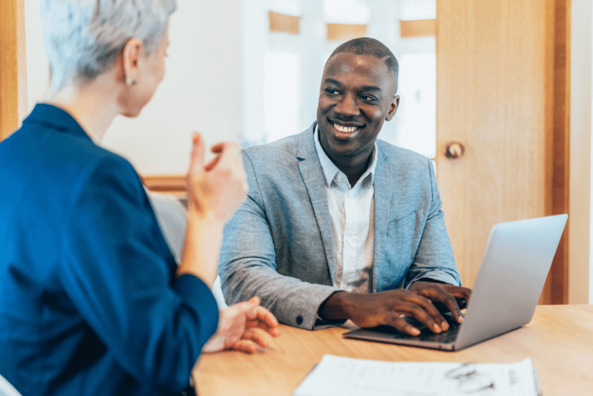 Male job seeker learning about career pathing roles in human resources (HR).