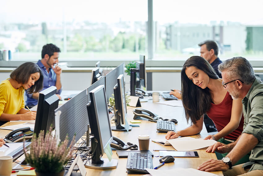 Group of professionals collaborate around desks and computers